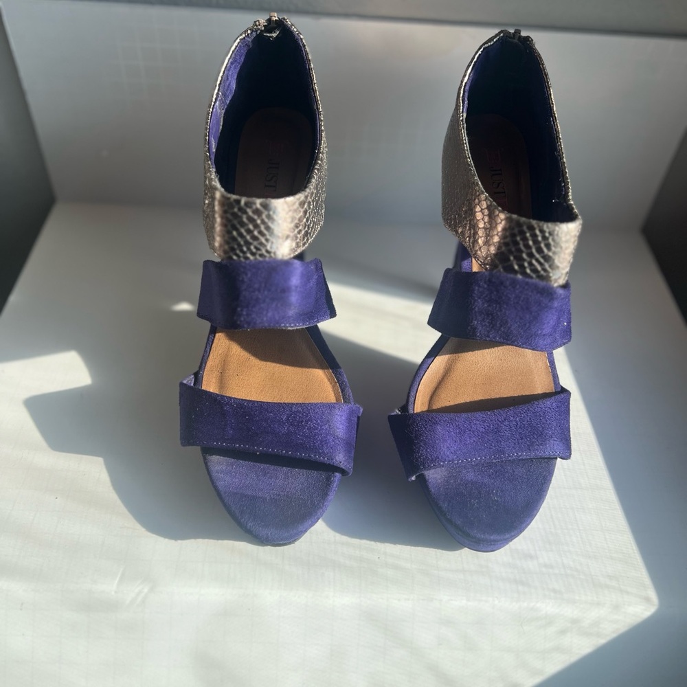 Just fab Purple Suede STRAPPY Heels w/Pewter Snakeskin Back Zip Size 9